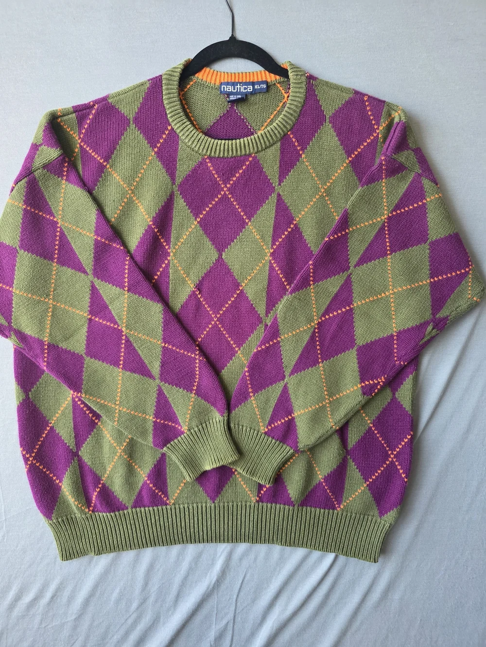 Nautica Argyle Sweater XL/TG Olive Green Purple Orange Preppy Y2K Crewneck